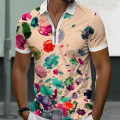 Men's Hawaiian Polo Shirts Golf Shirt Short Sleeve Polo Shirts Collared Shirts Casual Beach Wear Vacation Wear Tropical Wear Party Outfits 3D Print Quarter Zip Polo Summer White Khaki