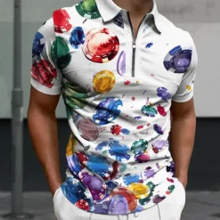 Men's Hawaiian Polo Shirts Golf Shirt Short Sleeve Polo Shirts Collared Shirts Casual Beach Wear Vacation Wear Tropical Wear Party Outfits 3D Print Quarter Zip Polo Summer White Khaki