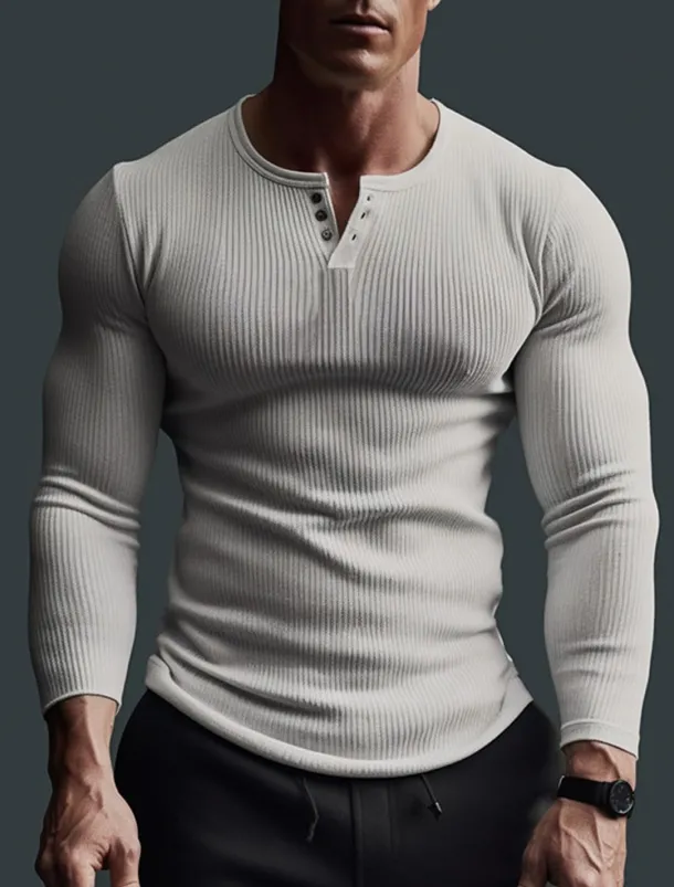 Men's Henley Shirt Ribbed Knit tee Tee Top Long Sleeve Shirt Plain Pit Strip Henley Street Vacation Long Sleeve Clothing Apparel Fashion Designer Basic