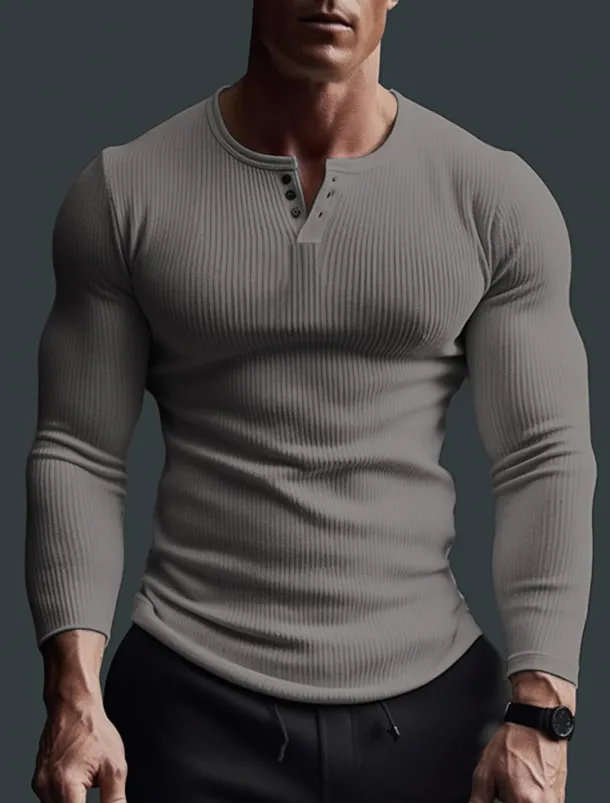 Men's Henley Shirt Ribbed Knit tee Tee Top Long Sleeve Shirt Plain Pit Strip Henley Street Vacation Long Sleeve Clothing Apparel Fashion Designer Basic