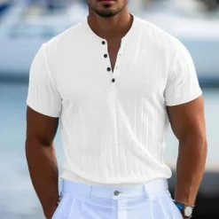 Men's Henley Shirt Short Sleeve Shirt Ribbed Knit tee Tee Top Short Sleeve Solid Color Daily Hawaiian Buttons Henley Outdoor Street Causal Summer Light Blue White Brown Henley T-Shirt