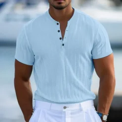 Men's Henley Shirt Short Sleeve Shirt Ribbed Knit tee Tee Top Short Sleeve Solid Color Daily Hawaiian Buttons Henley Outdoor Street Causal Summer Light Blue White Brown Henley T-Shirt