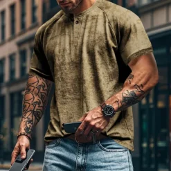 Men's Henley Shirt Tee Short Sleeve Solid Color Plain Distressed Buttons Washed Henley Outdoor Casual Daily Summer Spring & Fall Black Gray Navy Blue Henley T-Shirt