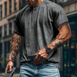 Men's Henley Shirt Tee Short Sleeve Solid Color Plain Distressed Buttons Washed Henley Outdoor Casual Daily Summer Spring & Fall Black Gray Navy Blue Henley T-Shirt