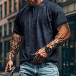 Men's Henley Shirt Tee Short Sleeve Solid Color Plain Distressed Buttons Washed Henley Outdoor Casual Daily Summer Spring & Fall Black Gray Navy Blue Henley T-Shirt