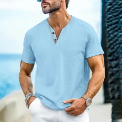 Men's Henley Shirt Tee Top Short Sleeves Plain Fashion Designer Basic Buttons V Neck V Neck Vacation Street Going out Summer Black White Light Blue Henley T-Shirt
