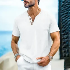 Men's Henley Shirt Tee Top Short Sleeves Plain Fashion Designer Basic Buttons V Neck V Neck Vacation Street Going out Summer Black White Light Blue Henley T-Shirt
