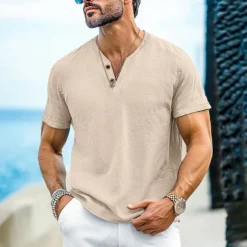 Men's Henley Shirt Tee Top Short Sleeves Plain Fashion Designer Basic Buttons V Neck V Neck Vacation Street Going out Summer Black White Light Blue Henley T-Shirt