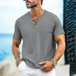 Men's Henley Shirt Tee Top Short Sleeves Plain Fashion Designer Basic Buttons V Neck V Neck Vacation Street Going out Summer Black White Light Blue Henley T-Shirt