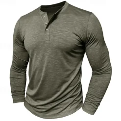 Men's Henley Shirt Tee Top Long Sleeve Solid Color Fashion Daily Buttons Henley Outdoor Street Causal Summer Army Green Black White Henley T-Shirt