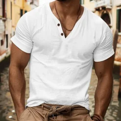 Men's Henley Shirt Tee Top Plain V Neck Street Vacation Short Sleeves Clothing Apparel Fashion Designer Basic
