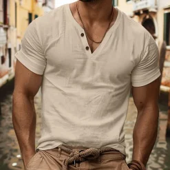 Men's Henley Shirt Tee Top Plain V Neck Street Vacation Short Sleeves Clothing Apparel Fashion Designer Basic