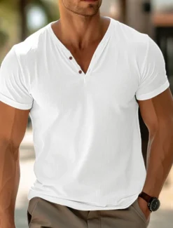 Men's Henley Shirt Tee Top Plain V Neck Street Vacation Short Sleeves Clothing Apparel Fashion Designer Basic