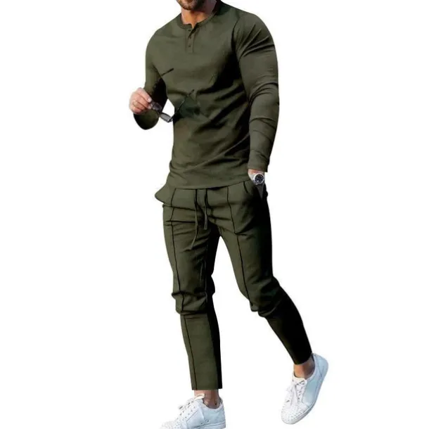 Men's Henley Shirt T-shirt Suits Tracksuit Tennis Shirt Long Sleeve Henley Spring & Fall Plain Gymnatics Casual 2 Piece Vacation Daily Wear Activewear Black White Navy Blue Top Tee for Men
