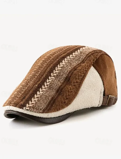 Men's Herringbone Ivy Cap with Adjustable Leather Strap - Vintage Style Flat Cap, Ideal for Casual Wear and Outdoor Activities