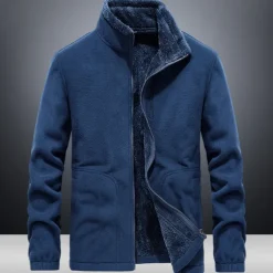 Men's Hiking Fleece Jacket Windbreaker Polar Fleece Winter Outdoor Solid Color Thermal Warm Windproof Lightweight Stand Collar Outerwear Trench Coat Top Single Slider Hunting Fishing Climbing Blue