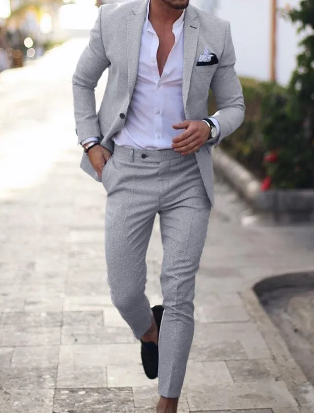 Men's Homecoming Linen Linen Suits Notch Light Blue pea green Solid Colored Tailored Fit 2 Piece Single Breasted One-button