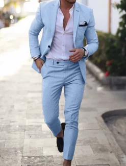 Men's Homecoming Linen Linen Suits Notch Light Blue pea green Solid Colored Tailored Fit 2 Piece Single Breasted One-button