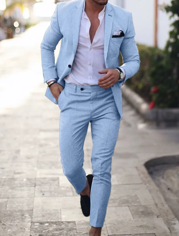 Men's Homecoming Linen Linen Suits Notch Light Blue pea green Solid Colored Tailored Fit 2 Piece Single Breasted One-button