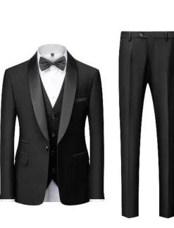 Men's Homecoming Prom Tuxedos Dark Grey Black Textured Tailored Fit 3 Piece Single Breasted One-button