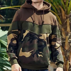 Men's Hoodie Army Green Coffee Hooded Color Block Camouflage Patchwork Pocket Sports & Outdoor Daily Holiday Streetwear Basic Casual Spring & Fall Clothing Apparel Hoodies Sweatshirts