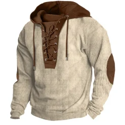 Men's Hoodie Army Green Navy Blue Brown Khaki Hooded Color Block Lace up Patchwork Ribbed Sports & Outdoor Daily Holiday Corduroy Streetwear Cool Casual Spring & Fall Clothing Apparel Hoodies