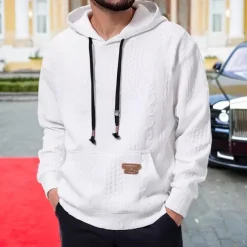 Men's Hoodie Black White Coffee Hooded Plain Jacquard Ribbed Front Pocket Textured Sports & Outdoor Daily Holiday Polyester Textured Streetwear Basic Casual Spring & Fall Clothing Apparel Hoodies