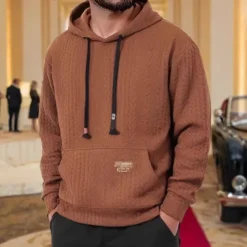 Men's Hoodie Black White Coffee Hooded Plain Jacquard Ribbed Front Pocket Textured Sports & Outdoor Daily Holiday Polyester Textured Streetwear Basic Casual Spring & Fall Clothing Apparel Hoodies