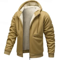 Men's Hoodie Full Zip Hoodie Fleece Hoodie Fleece lined Hoodie Yellow Army Green Khaki Gray Hooded Plain Zip Up Pocket Work Sports & Outdoor Casual Polyester Streetwear Sportswear Casual Fall & Winter