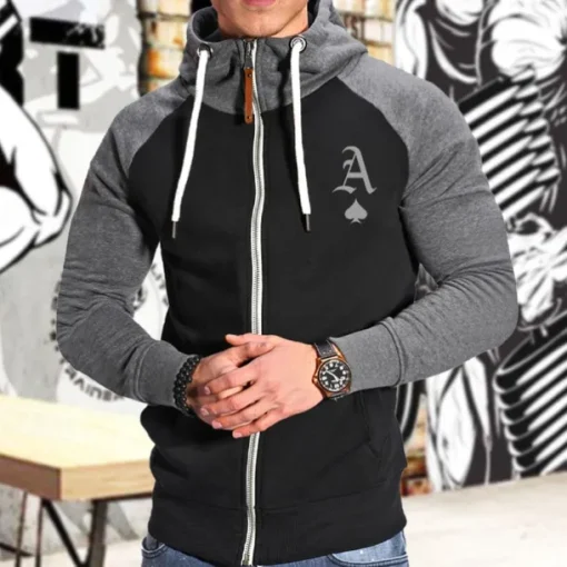 Men's Hoodie Hoodie Jacket Patchwork Full Zip Long Sleeve Hoodie Casual Athleisure Fall Breathable Quick Dry Soft Gym Workout Running Walking Sportswear Activewear Graphic Dark Grey Wine Red Black