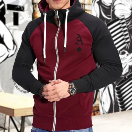 Men's Hoodie Hoodie Jacket Patchwork Full Zip Long Sleeve Hoodie Casual Athleisure Fall Breathable Quick Dry Soft Gym Workout Running Walking Sportswear Activewear Graphic Dark Grey Wine Red Black