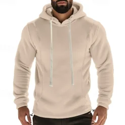 Men's Hoodie Sweatshirt Polar Fleece Black Army Green Khaki Dark Gray Light Blue Hooded Plain Drawstring Ribbed Front Pocket Sports & Outdoor Daily Holiday Polyester Streetwear Basic Casual Fall