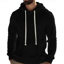 Men's Hoodie Sweatshirt Polar Fleece Black Army Green Khaki Dark Gray Light Blue Hooded Plain Drawstring Ribbed Front Pocket Sports & Outdoor Daily Holiday Polyester Streetwear Basic Casual Fall