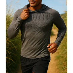 Men's Hoodie Sweatshirt Running Top Long Sleeve Tee Tshirt Breathable Quick Dry Lightweight Elastic Tennis Golf Running Sportswear Activewear Blue Dark Gray Light Grey