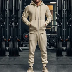 Men's Hoodie Tracksuit Full Zip Hoodie Sweatsuit Black Navy Blue Khaki Gray Hooded Plain Pocket Drawstring 2 Piece Sports & Outdoor Daily Holiday Streetwear Basic Casual Fall & Winter Clothing Apparel