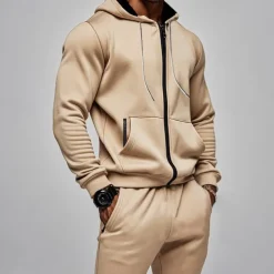 Men's Hoodie Tracksuit Full Zip Hoodie Sweatsuit Black Navy Blue Khaki Gray Hooded Plain Pocket Drawstring 2 Piece Sports & Outdoor Daily Holiday Streetwear Basic Casual Fall & Winter Clothing Apparel