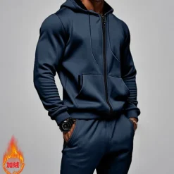 Men's Hoodie Tracksuit Full Zip Hoodie Sweatsuit Black Navy Blue Khaki Gray Hooded Plain Pocket Drawstring 2 Piece Sports & Outdoor Daily Holiday Streetwear Basic Casual Fall & Winter Clothing Apparel