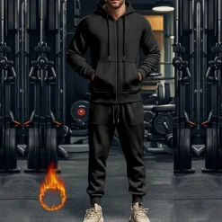 Men's Hoodie Tracksuit Full Zip Hoodie Sweatsuit Black Navy Blue Khaki Gray Hooded Plain Pocket Drawstring 2 Piece Sports & Outdoor Daily Holiday Streetwear Basic Casual Fall & Winter Clothing Apparel