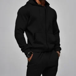 Men's Hoodie Tracksuit Full Zip Hoodie Sweatsuit Black Navy Blue Khaki Gray Hooded Plain Pocket Drawstring 2 Piece Sports & Outdoor Daily Holiday Streetwear Basic Casual Fall & Winter Clothing Apparel