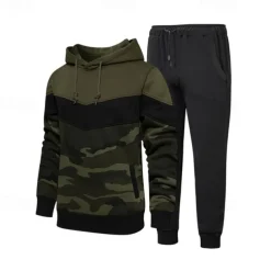 Men's Hoodie Tracksuit Sweatsuit Army Green Coffee Hooded Color Block Camouflage Patchwork 2 Piece Sports & Outdoor Daily Holiday Streetwear Basic Casual Spring & Fall Clothing Apparel Hoodies