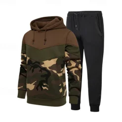 Men's Hoodie Tracksuit Sweatsuit Army Green Coffee Hooded Color Block Camouflage Patchwork 2 Piece Sports & Outdoor Daily Holiday Streetwear Basic Casual Spring & Fall Clothing Apparel Hoodies