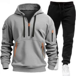 Men's Hoodie Tracksuit Sweatsuit Black White Navy Blue Blue Light Grey Hooded Half Zip Plain 2 Piece Sports & Outdoor Daily Holiday Polyester Streetwear Casual Spring & Fall Clothing Apparel Hoodies