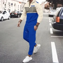 Men's Hoodie Tracksuit Sweatsuit Black White Royal Blue Khaki Dark Gray Hooded Stripes 2 Piece Sports & Outdoor Daily Holiday Streetwear Basic Casual Spring & Fall Clothing Apparel Hoodies