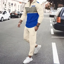 Men's Hoodie Tracksuit Sweatsuit Black White Royal Blue Khaki Dark Gray Hooded Stripes 2 Piece Sports & Outdoor Daily Holiday Streetwear Basic Casual Spring & Fall Clothing Apparel Hoodies
