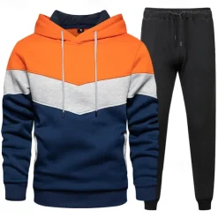 Men's Hoodie Tracksuit Sweatsuit White Wine Orange Green Hooded Color Block Patchwork 2 Piece Sports & Outdoor Daily Holiday Streetwear Basic Casual Spring & Fall Clothing Apparel Hoodies