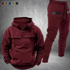 Men's Hoodie Tracksuit Sweatsuit Quarter Zip Hoodie Black Wine Navy Blue Hooded Plain Drawstring 2 Piece Front Pocket Sports & Outdoor Daily Holiday Polyester Streetwear Basic Casual Fall & Winter