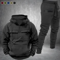 Men's Hoodie Tracksuit Sweatsuit Quarter Zip Hoodie Black Wine Navy Blue Hooded Plain Drawstring 2 Piece Front Pocket Sports & Outdoor Daily Holiday Polyester Streetwear Basic Casual Fall & Winter