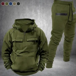 Men's Hoodie Tracksuit Sweatsuit Quarter Zip Hoodie Black Wine Navy Blue Hooded Plain Drawstring 2 Piece Front Pocket Sports & Outdoor Daily Holiday Polyester Streetwear Basic Casual Fall & Winter