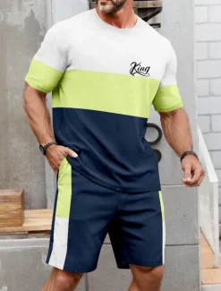 Men's Horizontal Stripes 2pcs Tees sets Summer Tops Short Sleeve Short Pants Crew Neck Sport Casual Outdoor Vacation Sport 3D Print Summer Pink Brown Green