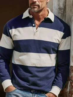 Men's Horizontal Stripes Rugby Polo Long Sleeve Polo Shirts Collared Shirts Sportswear Casual School Outdoor Athleisure 3D Print Spring Fall Winter Maroon Blue Green
